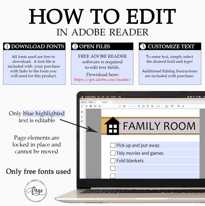 Pu&ograve; includere: Lo schermo di un computer portatile che mostra un documento PDF con istruzioni su come modificare un cartello stampabile utilizzando Adobe Reader. Il cartello &egrave; per una "Sala Famiglia" e include un elenco di controllo delle attivit&agrave;. Il testo sullo schermo dice "Solo il testo evidenziato in blu &egrave; modificabile. Gli elementi della pagina sono bloccati e non possono essere spostati. Vengono utilizzate solo fonti gratuite."