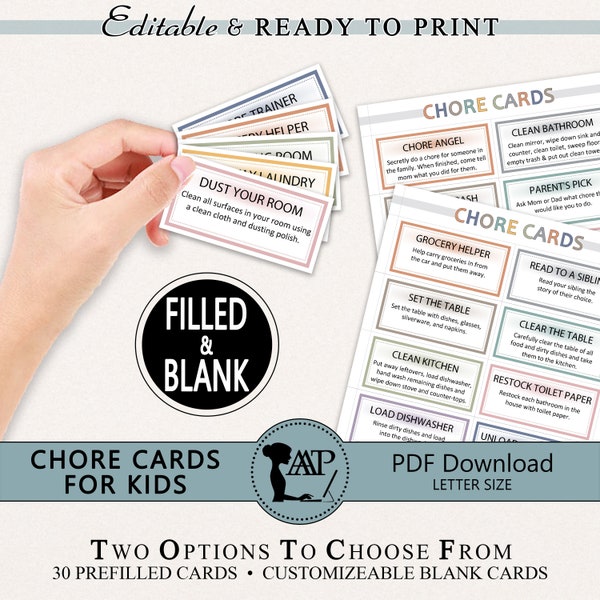 Editable Chore Cards for Kids Printable | Cleaning Tasks | Allowance System | Chores for Children | Teens Responsibility PDF Download HFL06