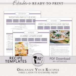 May include: Three printable recipe templates with different layouts. The templates feature a Western Omelet Quiche, Classic Lemon Bars, and Fish Tacos with Lime Crema recipes. Each template includes serving size, prep time, cook time, ready in time, and nutritional information.