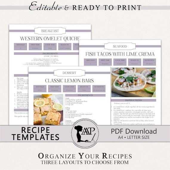 Editable Recipe Template, Recipe Binder Printable, Cookbook Template, Recipe Card, A4, Letter Size Page, PDF Download, Purple, RMP06-05 ERT