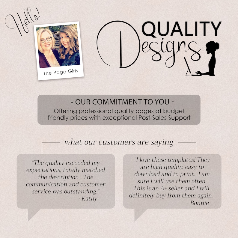 May include: A graphic design business advertises their services with a testimonial from a satisfied customer. The ad features a photo of two women, a logo, and text that reads "QUALITY Designs" and "OUR COMMITMENT TO YOU - Offering professional quality pages at budget friendly prices with exceptional Post-Sales Support".