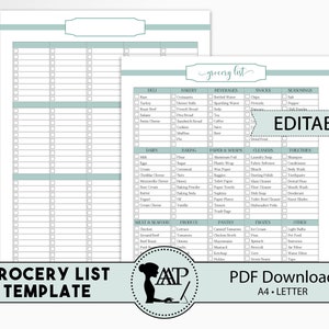 Editable Grocery List Template, Shopping List Printable, Customized Grocery List, PDF Download, Teal, Kitchen Organization, RMP07-02, GLP