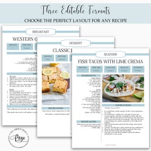May include: A printable recipe template with three different layouts: Western, Classic, and Seafood. The Seafood layout features a recipe for Fish Tacos with Lime Crema, with a photo of the finished dish and a list of ingredients and instructions.