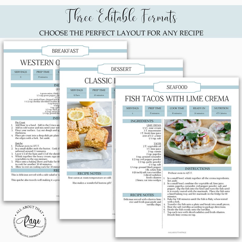 May include: A printable recipe template with three different layouts: Western, Classic, and Seafood. The Seafood layout features a recipe for Fish Tacos with Lime Crema, with a photo of the finished dish and a list of ingredients and instructions.