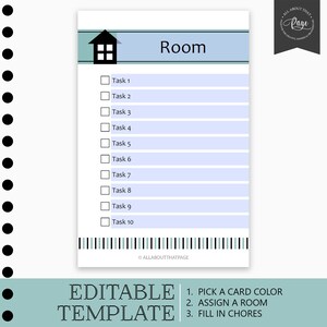 Pu&ograve; includere: Modello di tabella delle faccende stampabile con un'icona di casa blu e bianca e la parola "Stanza" in alto. La tabella ha 10 caselle di controllo con righe vuote per scrivere le faccende. Il testo in basso dice "Modello modificabile" e elenca tre passaggi: "Scegli un colore di carta", "Assegna una stanza" e "Compila le faccende".
