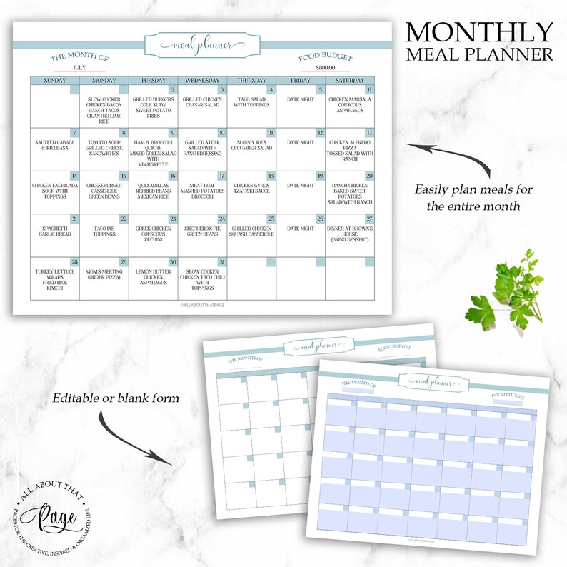 editable meal planner printable weekly monthly menu
