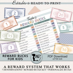 NEW Editable Reward Bucks for Kids Printable | Allowance System | Mom Bucks | Good Behavior | Screen Time | Play Pretend Money | PDF | HFL10