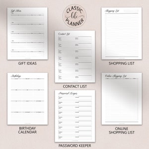 May include: A printable planner with pages for gift ideas, birthdays, contacts, passwords, shopping lists, and online shopping lists. The planner has a classic design with a black and white color scheme.