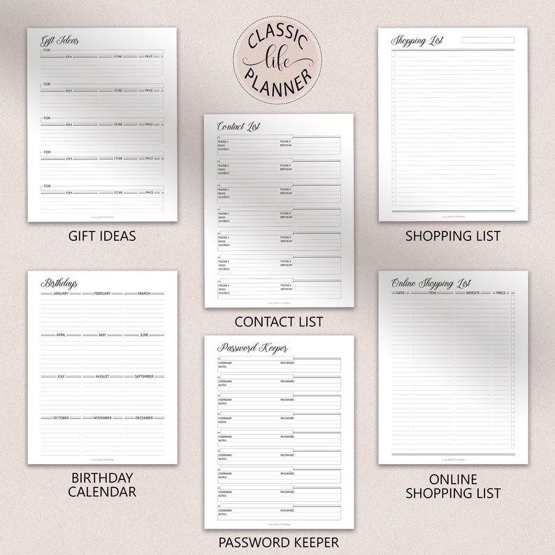 May include: A printable planner with pages for gift ideas, birthdays, contacts, passwords, shopping lists, and online shopping lists. The planner has a classic design with a black and white color scheme.