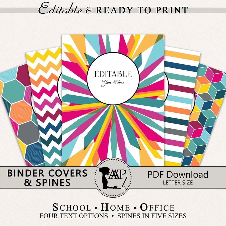 May include: Five colorful printable binder covers with geometric patterns. The covers are editable and include the text "Editable Your Name". The covers are for binders and spines and are available in letter size.