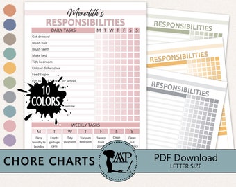 Editable Chore Chart for Kids Printable Bundle | Responsibility Checklist for Teens Template | Family Chore System | Rewards | PDF HFL02-02