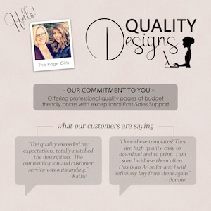 May include: A graphic design business advertises their services with a testimonial from a satisfied customer. The ad features a photo of two women, a logo, and text that reads "QUALITY Designs" and "OUR COMMITMENT TO YOU - Offering professional quality pages at budget friendly prices with exceptional Post-Sales Support".