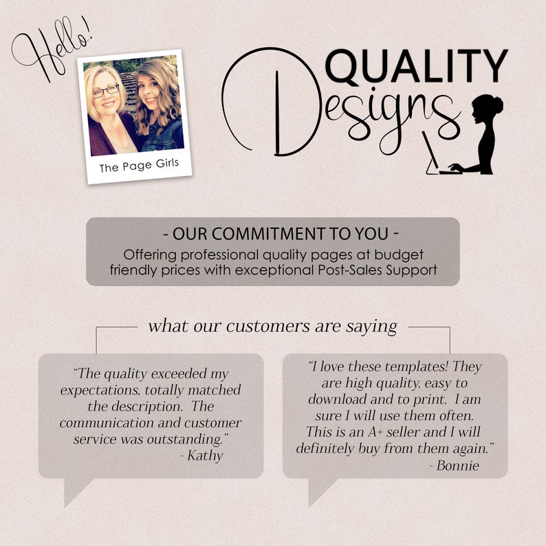 May include: A graphic design business advertises their services with a testimonial from a satisfied customer. The ad features a photo of two women, a logo, and text that reads "QUALITY Designs" and "OUR COMMITMENT TO YOU - Offering professional quality pages at budget friendly prices with exceptional Post-Sales Support".