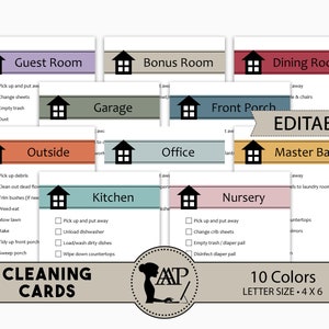 Cleaning Cards, Editable Cleaning Checklist, Room by Room Chores, Tasks, Daily Weekly Cleaning Routine, Kids Printable Chore Chart, CLC01-01