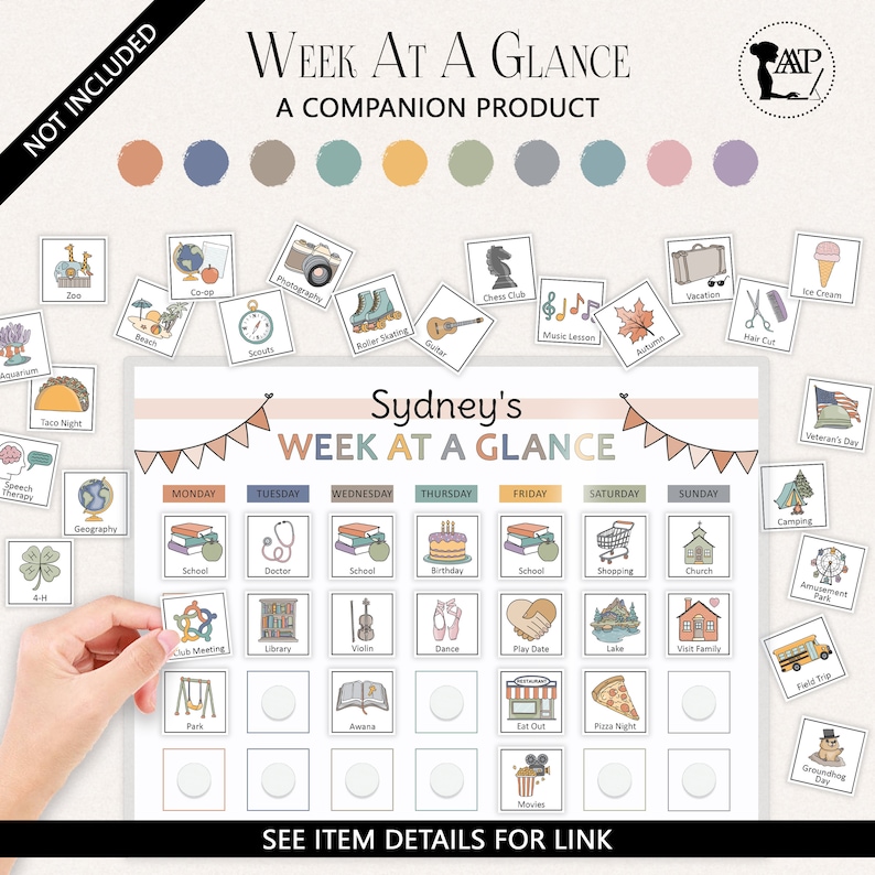 K&ouml;nnte beinhalten: Ein Wochenplaner mit dem Titel Sydney's Week at a Glance mit einem Raster f&uuml;r sieben Tage. Das Diagramm enth&auml;lt farbige &Uuml;berschriften und leere Quadrate f&uuml;r Aktivit&auml;tskacheln. Zahlreiche quadratische Kacheln mit Illustrationen liegen verstreut.