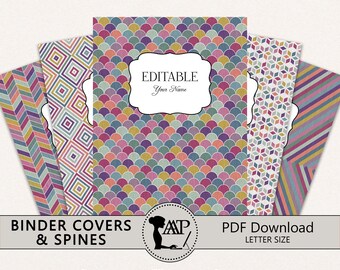 May include: A collection of colorful binder covers and spines with various geometric patterns. The covers feature designs like chevron, diamonds, and a scallop pattern. Text includes "Editable & READY TO PRINT", "BINDER COVERS & SPINES", and "PDF Download LETTER SIZE".