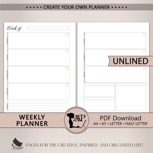 Weekly Planner Printable | Horizontal Unlined 2 Page Layout | Week on Two Pages | Modern Minimalist | A4 A5 Letter Half Size | PDF CLP04-07