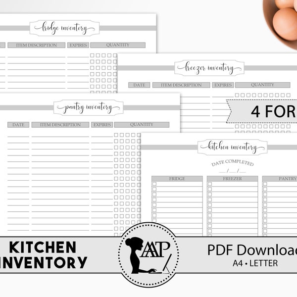 Kitchen Inventory Printable, Fridge, Freezer and Pantry Inventory Checklist, PDF, Minimalist Grey, Kitchen Organization, RMP01-03, KIP