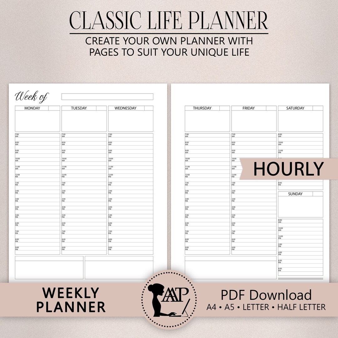 Weekly Planner Printable Vertical Hourly 2 Page Layout - Etsy