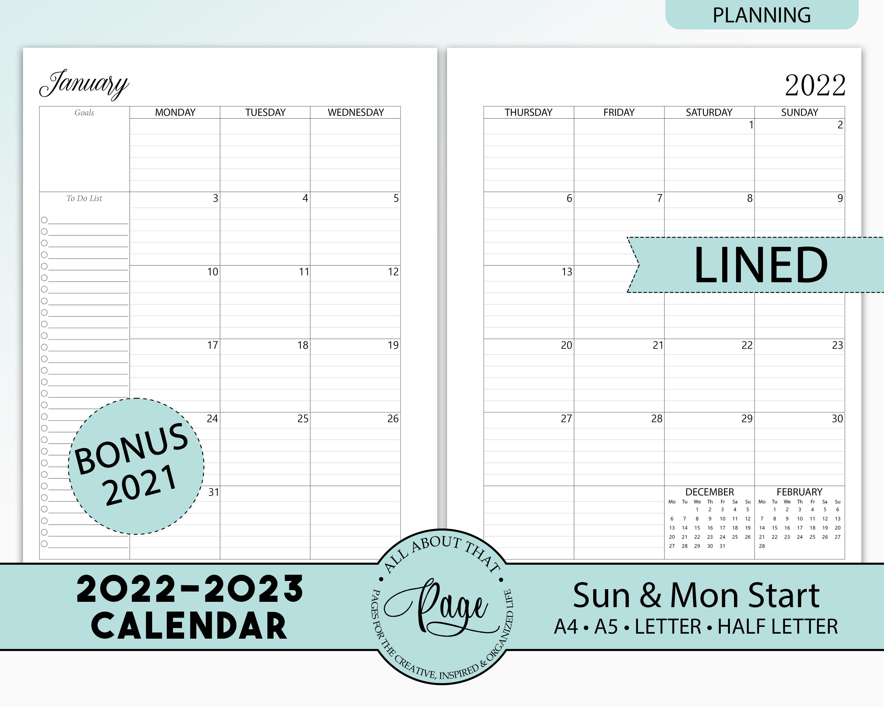 NEW! 2022 2023 Monthly Calendar Printable, Two 2 Page Planner Insert,…