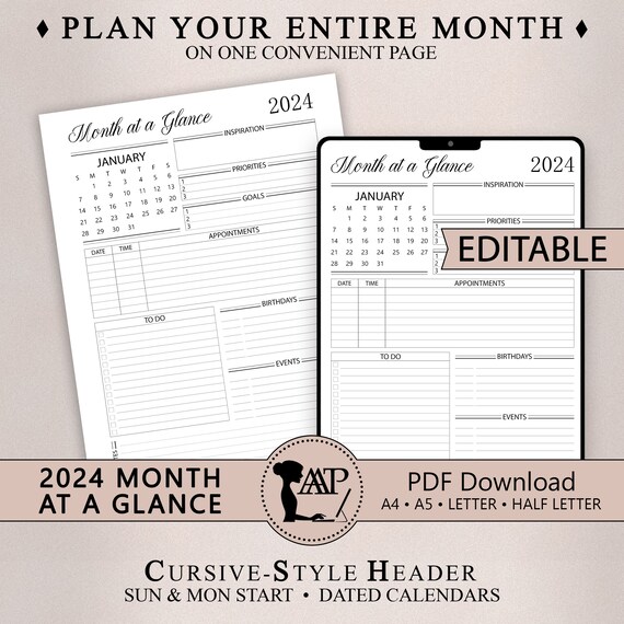 2024 Month at a Glance Planner Printable Digital Monthly Overview One Page  Calendar Editable Half Letter A4 A5 Size PDF CLP08-01 - Etsy Singapore