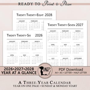 2026 2027 2028 Jahr auf einen Blick Digitaler Kalender zum Ausdrucken | Minimalistisch | GoodNotes | Sonntag Montag Start | A4 A5 Letter Halb PDF CLP02-02