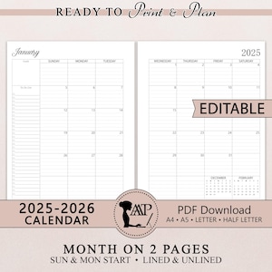 Calendario editable 2025 2026, plantilla imprimible, rellenable, 2 páginas, con renglones y sin renglones, inicio domingo-lunes, tamaño A4, A5, media carta, PDF CLP01-03