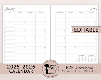 2025 2026 EDITABLE Calendar Printable Template | Fillable Two 2 Page Lined Unlined | Sunday Monday Start | A4 A5 Half Letter | PDF CLP01-03
