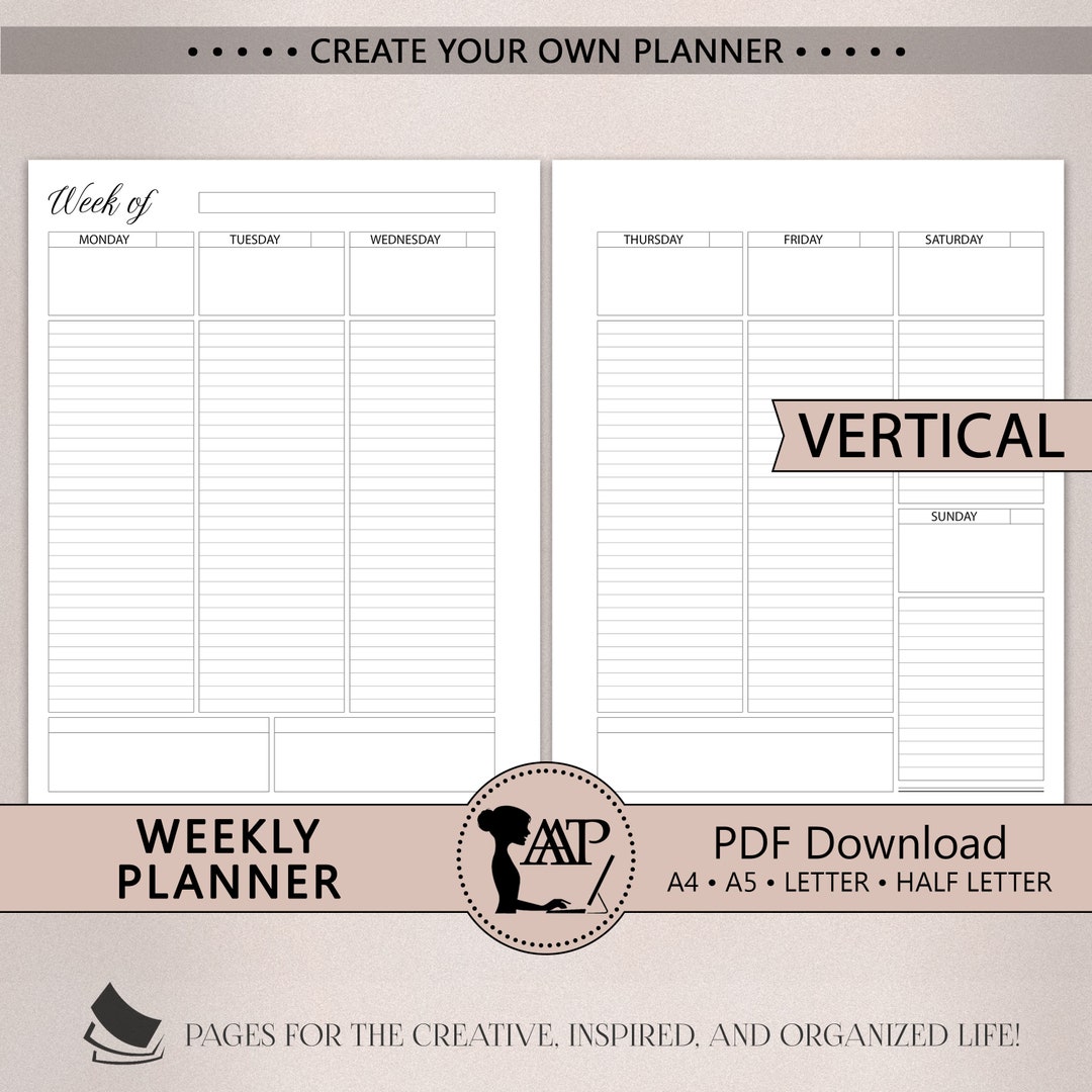 Weekly Planner Printable Vetical Lined 2 Page Layout Week on Two Pages ...