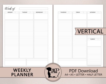 Weekly Planner Printable | Vetical Lined 2 Page Layout | Week on Two Pages | Modern Minimalist | A4 A5 Letter Half Size | PDF CLP04-01