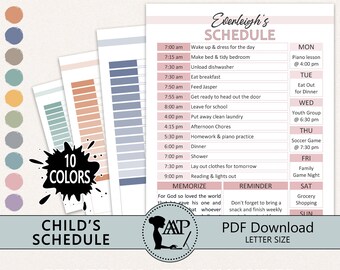 May include: A printable children's schedule template with a pink and white design. The schedule includes daily and weekly chores, with a variety of color options. The text reads "Editable & Ready to Print" and "Child's Schedule".