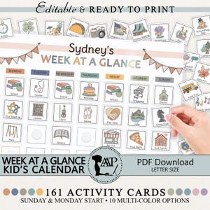 May include: A printable weekly calendar for kids with a colorful design and 161 activity cards. The calendar features a variety of activities, including school, doctor, library, violin, dance, play date, lake, chess club, park, awana, eat out, pizza night, and visit family. The calendar is available in 10 multi-color options.
