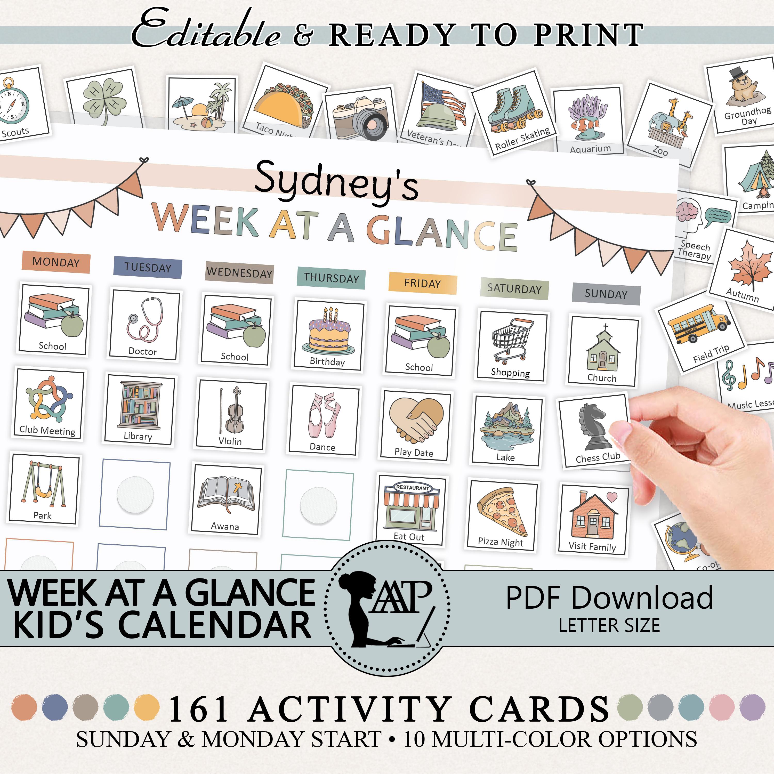 Week at a Glance Kids Calendar With Pictures Printable | Visual Weekly ...
