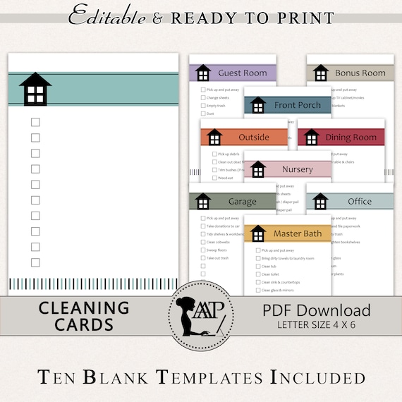 Cleaning Cards, Editable Cleaning Checklist, Room by Room Chores, Tasks, Daily Weekly Cleaning Routine, Kids Printable Chore Chart, CLC01-01