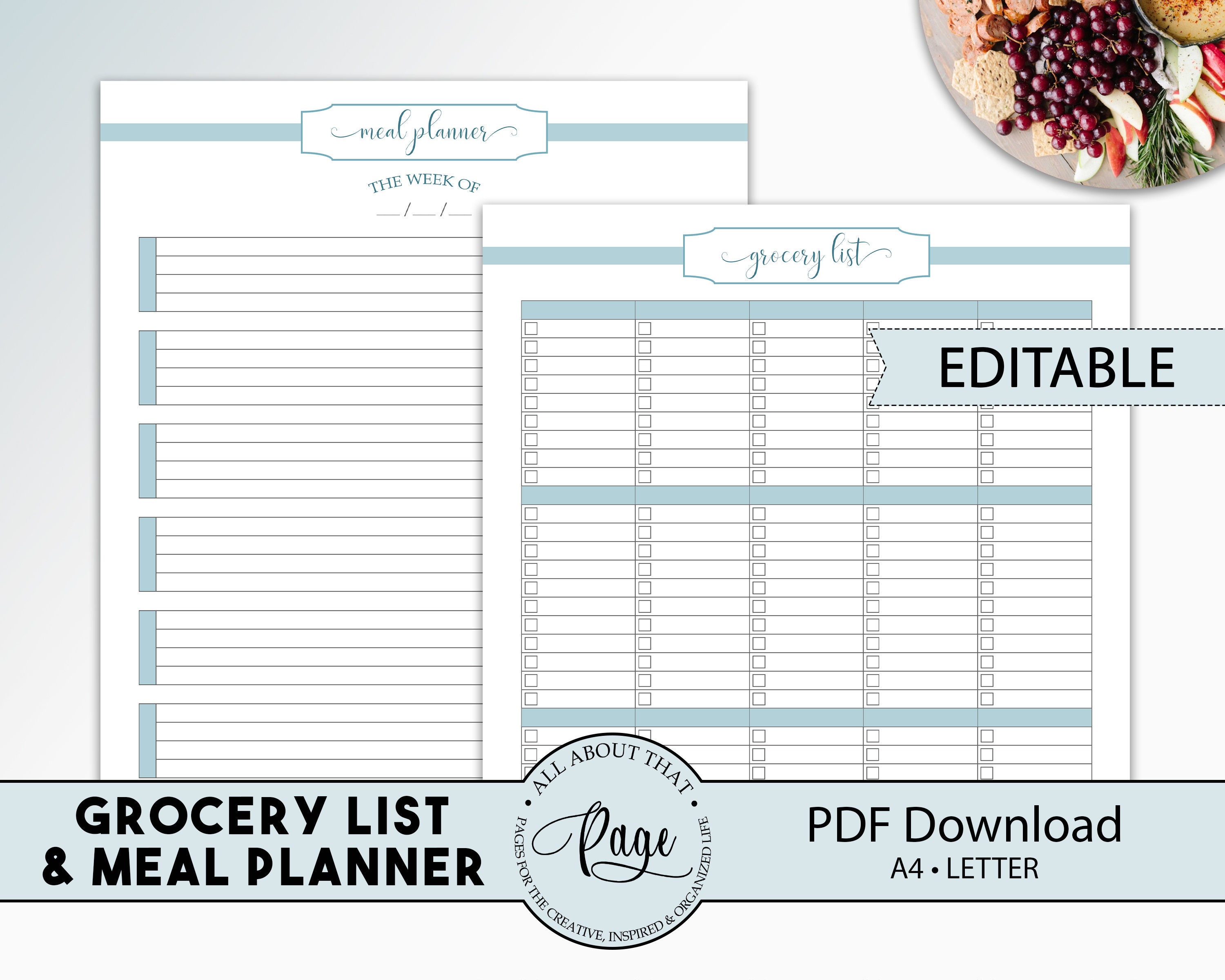 editable grocery list weekly meal planner printable etsy
