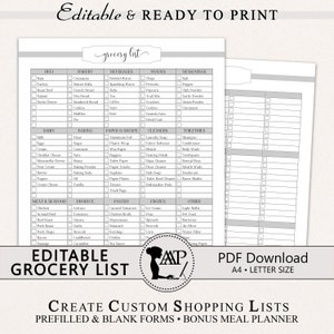 Bearbeitbare Lebensmittellistenvorlage, benutzerdefinierte Einkaufsliste zum Ausdrucken, PDF-Download, minimalistisches Grau, Küchenorganisation, RMP01-02, GLP