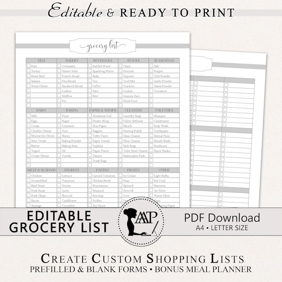 Editable Grocery List Template, Custom Grocery Shopping List Printable, PDF Download, Minimalist Gray, Kitchen Organization, RMP01-02, GLP