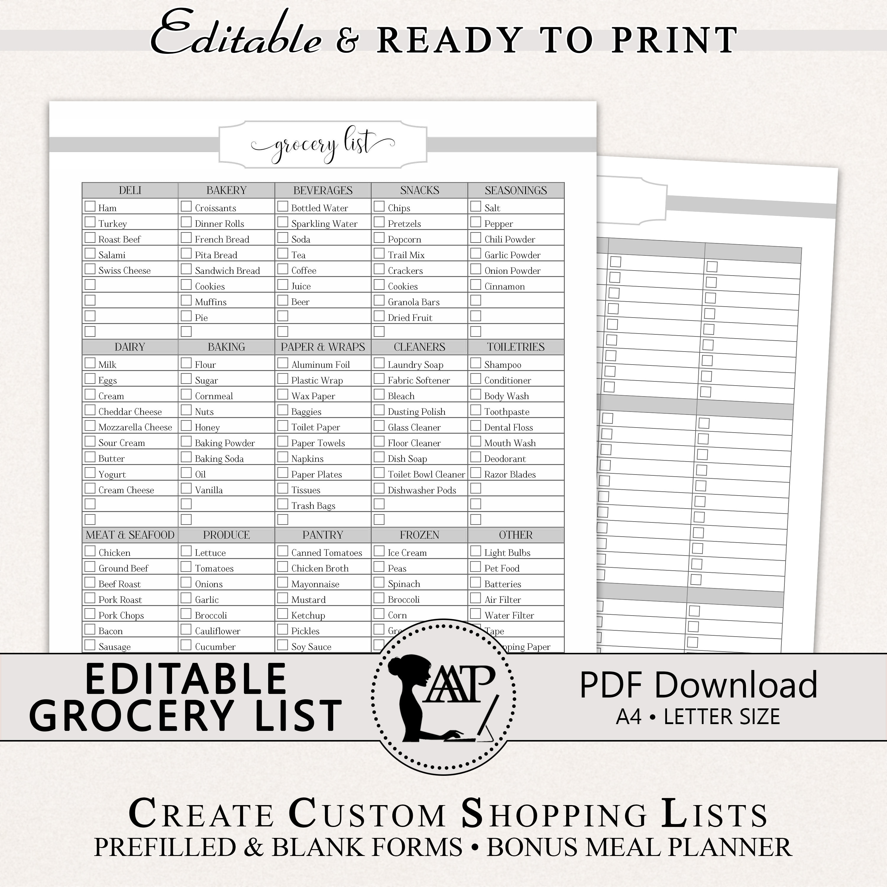 Bewerkbare boodschappenlijstsjabloon, aangepaste boodschappenlijst  afdrukbaar, PDF-download, minimalistisch grijs, keukenorganisatie,  RMP01-02, GLP - Etsy België, image size:3000x3000