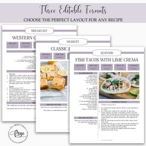 May include: A printable recipe template with three different layouts for breakfast, dessert, and seafood. The seafood recipe is for fish tacos with lime crema and includes a list of ingredients and instructions. The template is designed to be easily edited and customized.