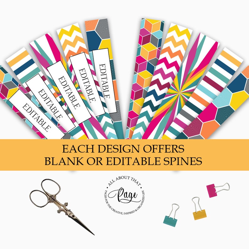 May include: A set of colorful book spine labels with geometric patterns and editable text. The labels are designed to be used for organizing books and can be customized with different colors and patterns. The text on the labels reads "EDITABLE".