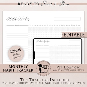 Editable Monthly Habit Tracker Printable Digital | Habits Journal | 30 Day Challenge | GoodNotes | A4 A5 Letter Half Size | PDF CLP10-01