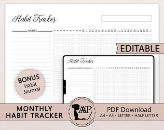 Editable Monthly Habit Tracker Printable Digital | Habits Journal | 30 Day Challenge | GoodNotes | A4 A5 Letter Half Size | PDF CLP10-01
