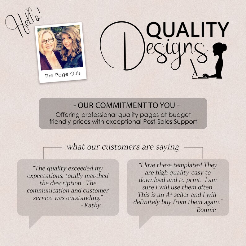 May include: A graphic design business advertises their services with a testimonial from a satisfied customer. The ad features a photo of two women, a logo, and text that reads "QUALITY Designs" and "OUR COMMITMENT TO YOU - Offering professional quality pages at budget friendly prices with exceptional Post-Sales Support".