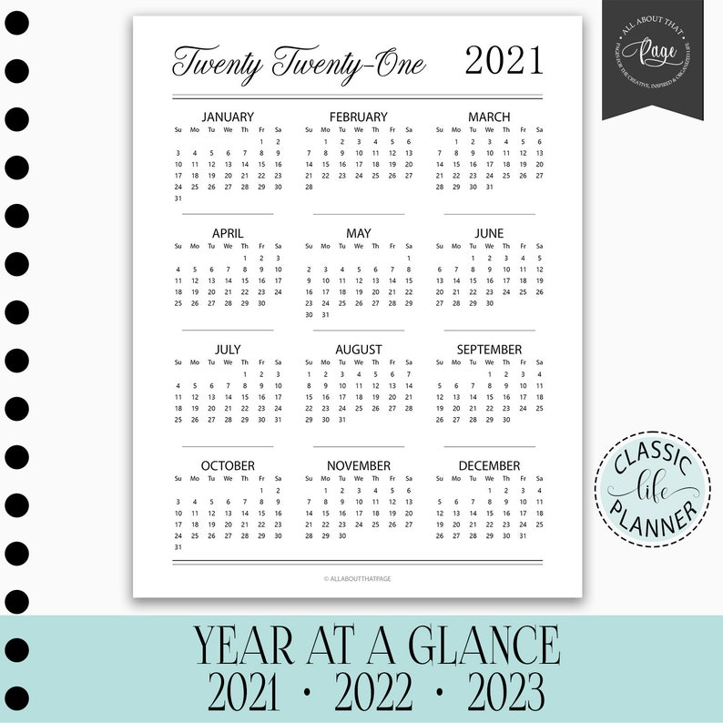 NEW 2021 2022 2023 Year At A Glance Calendar Month Sunday Etsy