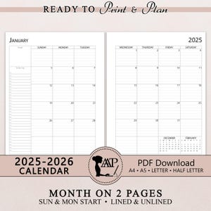 Calendario mensual imprimible 2025-2026 / Dos insertos de planificador de 2 páginas con líneas y sin líneas / Inicio de domingo a lunes / Tamaño carta A4 A5, media página / PDF CLP01-02