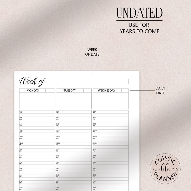 May include: A black and white printable weekly planner with the text "Week of" at the top. The planner is undated and has space for each day of the week, Monday through Wednesday. The planner also has a space for a daily date.