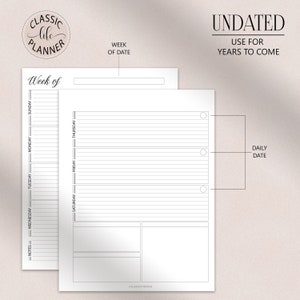 May include: A printable weekly planner template with a simple design. The planner is undated and can be used for any year. It includes a section for notes, a daily to-do list, and a weekly overview.