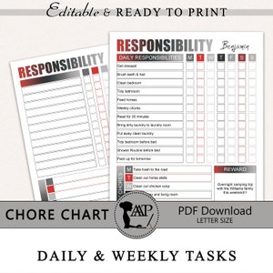 Puede incluir: Tabla de tareas imprimible para niños con una lista de verificación para responsabilidades diarias y semanales. La tabla incluye una sección de recompensa por completar las tareas. La tabla se titula "Responsabilidad" y presenta una ilustración en blanco y negro de una persona con una computadora portátil.