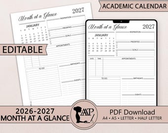 Puede incluir: Una plantilla de calendario académico 2027 con diseño de resumen mensual. Las páginas blancas incluyen un calendario de enero y secciones para inspiración, prioridades, objetivos, citas, listas de tareas, cumpleaños y eventos. Texto negro.