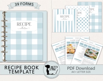 May include: A blue and white gingham patterned recipe book template with the text "RECIPE collection" on the cover. The template includes 39 forms, covers, spines, dividers, and tabs. The text "RECIPE BOOK TEMPLATE" is at the bottom of the image. The text "PDF Download A4 LETTER SIZE" is at the bottom right of the image.